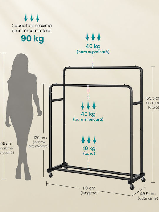 Songmics Cu Roți Rack pentru Îmbrăcăminte din Metal Negru 110x47x156cm