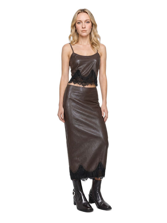 Women's Leather Crop Top with Spaghetti Straps Brown