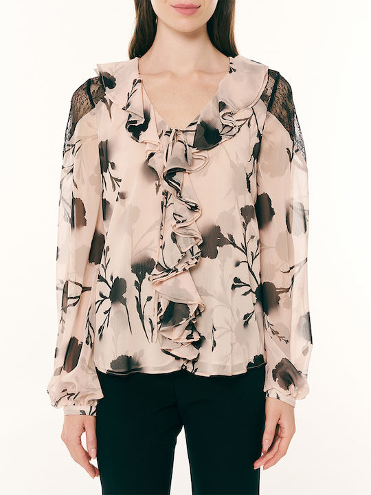 Forel Forel Damen Langärmeliges Top mit V-Ausschnitt Blumen Schwarz Multi
