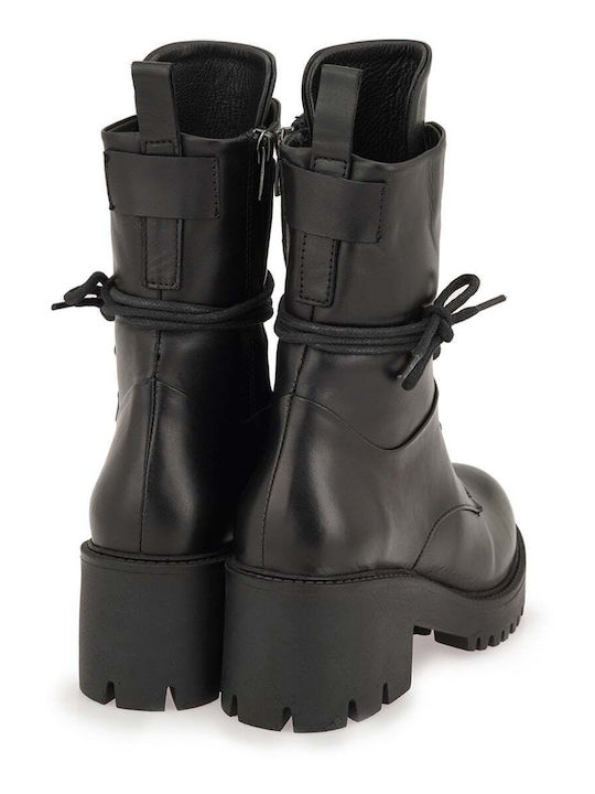 Leder Damen Stiefeletten mit Mittelhohem Absatz Schwarz