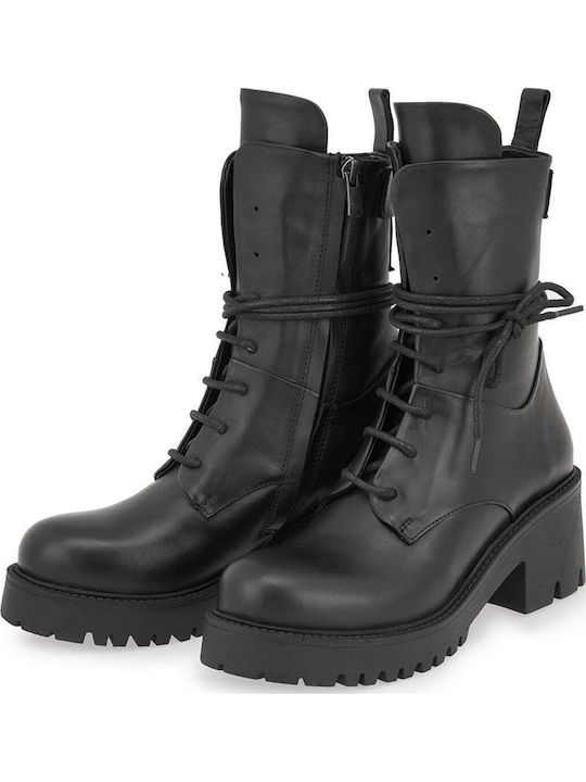 Leder Damen Stiefeletten mit Mittelhohem Absatz Schwarz