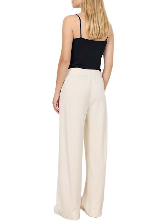 Women's High Rise Fabric Trousers with Rubber Band Ecru