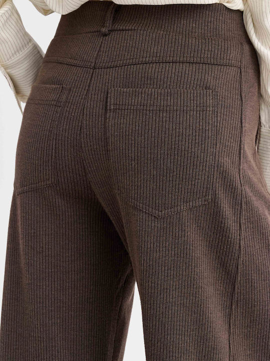 Pantaloni Dama Cu Talie Inalta Din Tesatura Maro