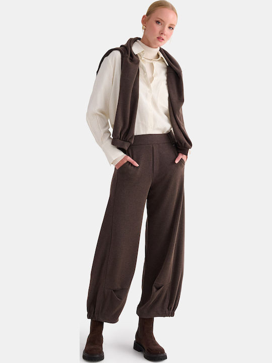 Pantaloni Dama Cu Talie Inalta Din Tesatura Maro