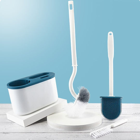Plastic Bathroom Brush and Trash Can Set Blue