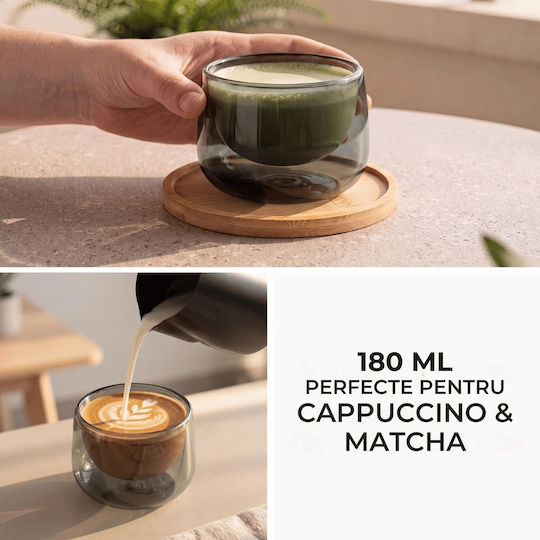 Miamio Set Cesti Cappuccino Din Sticlă Gri 180ml 2 Bucăți
