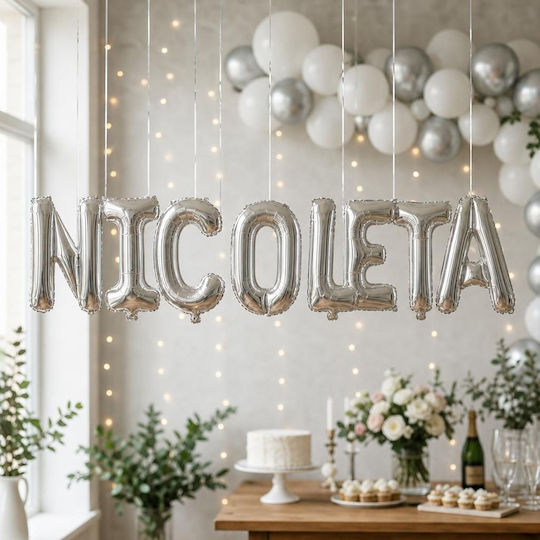 Set of 8 Number Balloons with Name Foil Silver 40cm with Personalization
