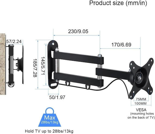 Suport De Perete Tv Ecran Reglabil Suptek Ma2720 Braț Articulat Pentru Ecrane 15–32 Inch Vesa 75x75 100x100 Mm Cu Rotație 180° Cu Înclinare ±20° Greutate Maximă 13 Kg Aliaj De Oțel Negru