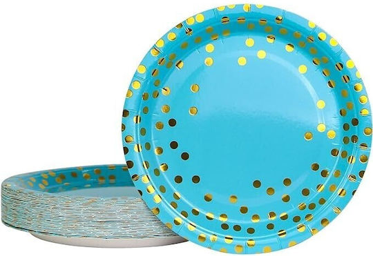 Set 10 Farfurii De Unică Folosință Flippy Cu Buline Din Carton Diametru 18 Cm Albastre Aurii