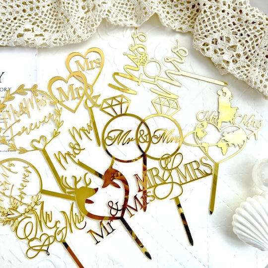 Decoratiune Cake Topper Flippy Mr&Mrs Forever Design Temă Nuntă 10 Cm Aurie