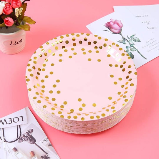 Set 10 Disposable Plates Flippy Polka Dot Print Cardboard Diameter 23 Cm Pink Gold