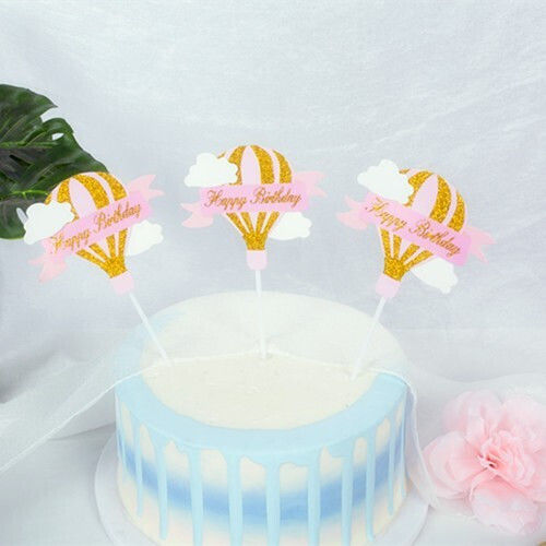 Set 3 Cake Toppers Flippy Design Balon cu Aer Cald Temă La Mulți Ani Roz