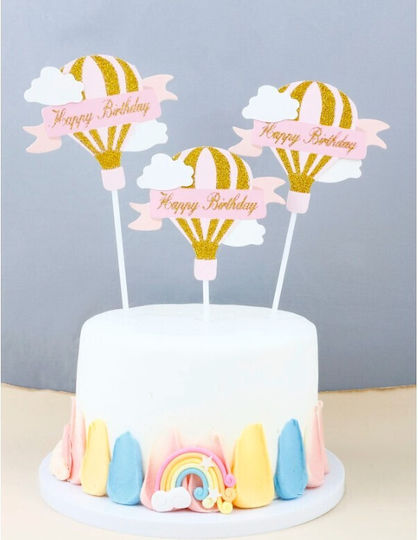 Set 3 Cake Toppers Flippy Design Balon cu Aer Cald Temă La Mulți Ani Roz