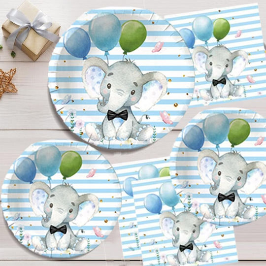 Set 10 Farfurii De Unică Folosință Flippy Cu Imprimeu Elefant Carton 22 Cm Albastre