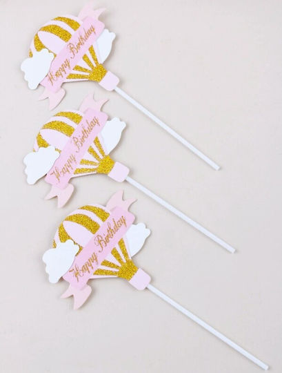 Set 3 Cake Toppers Flippy Design Balon cu Aer Cald Temă La Mulți Ani Roz