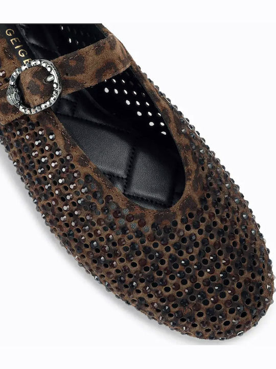Suede Women's Ballerina Shoes With Strap Brown
