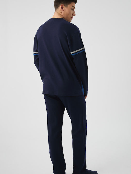 Minerva Streifen Winter Herrenpyjama Bluse Baumwollene Marineblau