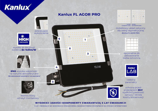 Kanlux Pro Wasserdichter LED Flutlichter 150W Natürliches Weiß 4000K mit Bewegungssensor IP65