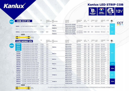 Kanlux Waterproof LED Strip 12V Warm White Light 12m COB Type