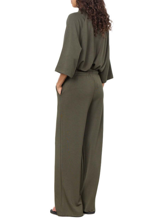 Women's High Rise Fabric Trousers with Rubber Band Olive
