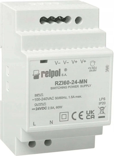 Relpol Τροφοδοτικό Ράγας με Έξοδο 24V και Ισχύ 60W 2.5A