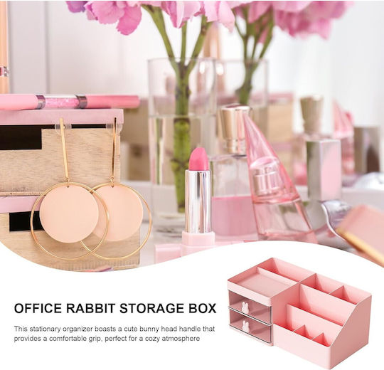 Office Storage Box Flippy Makeup Stationery Cosmetics Organizer 2 Drawers Multiple Compartments Bunny Design Plastic 27.5x15.5x12 Cm Pink
