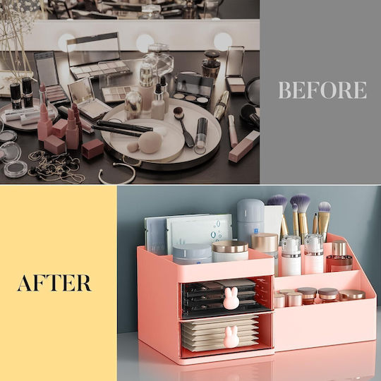 Office Storage Box Flippy Makeup Stationery Cosmetics Organizer 2 Drawers Multiple Compartments Bunny Design Plastic 27.5x15.5x12 Cm Pink