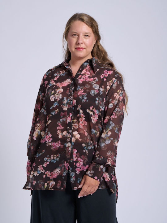 Long Sleeve Women's Silky Shirt Brown-Blue-Pink Floral