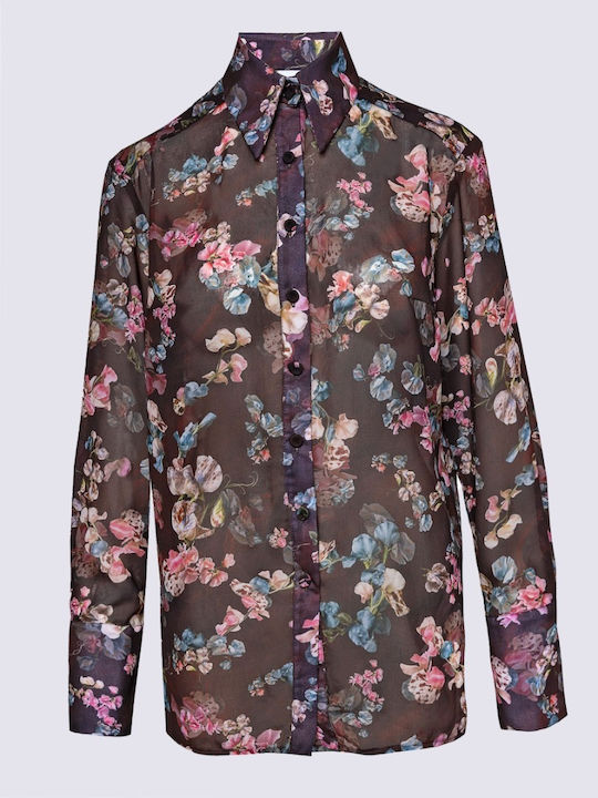 Long Sleeve Women's Silky Shirt Brown-Blue-Pink Floral