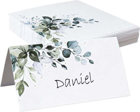 Set 50 Carduri de Masă Tip Cort Evenimente 9 X 10 Cm Pliate 9 X 5 Cm Elegant Model Botanic Frunze Verzi Carton Preasamblat Prepliat Nunți Botezuri Aniversări Sărbători Mărturii