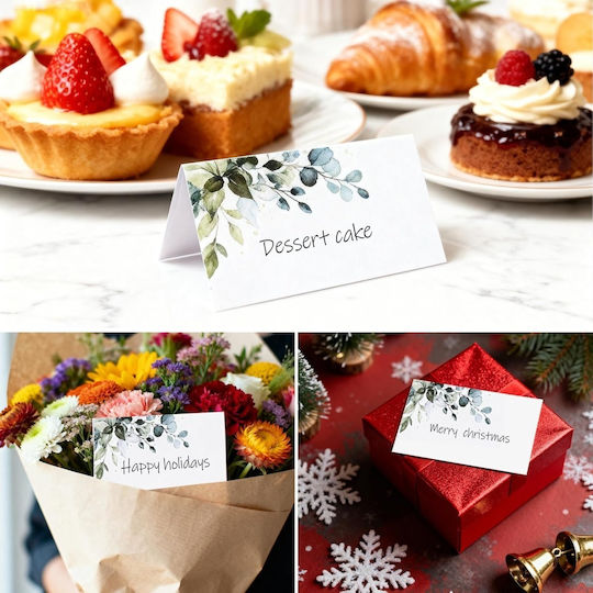 Set 50 Carduri de Masă Tip Cort Evenimente 9 X 10 Cm Pliate 9 X 5 Cm Elegant Model Botanic Frunze Verzi Carton Preasamblat Prepliat Nunți Botezuri Aniversări Sărbători Mărturii