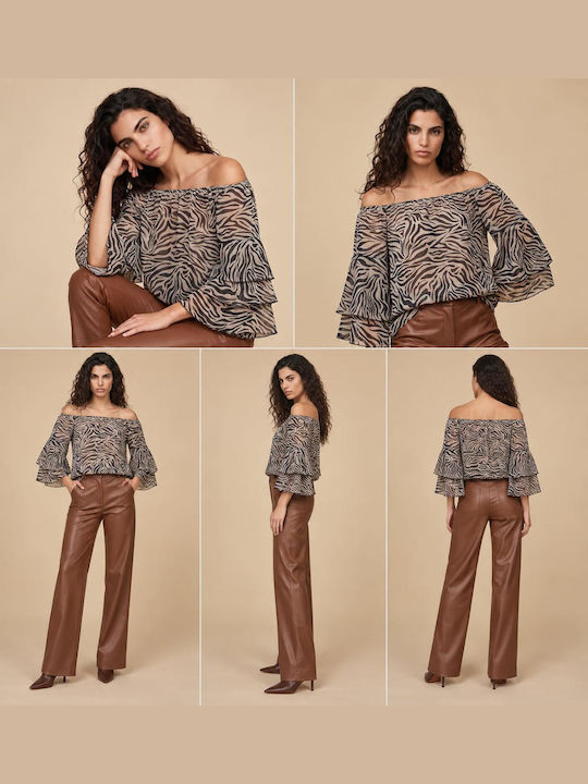 Γυναικεία Μπλούζα με Μανίκι 3/4 Animal Print Καφέ
