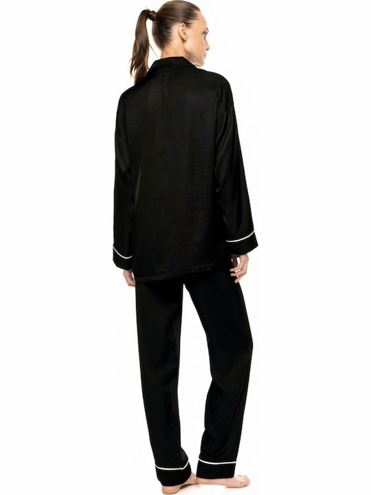 Pink Label Winter Damen Schlafanzug & Pyjamas Satin Schwarz