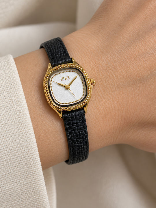 Ieke Womens Battery Watch With Leather Strap Gold White Black Ieke Womens Battery Watch With Leather Strap Gold White Black