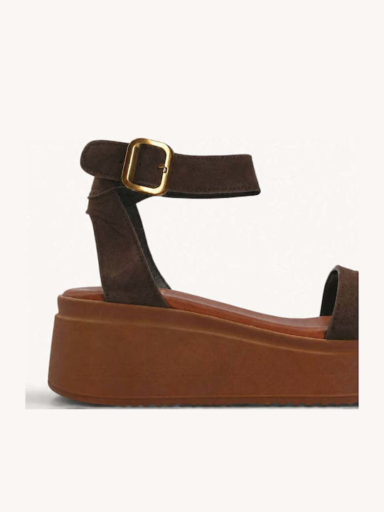Кафяви Тютюневи Кожени Flatforms Широка Каишка Агрaфа
