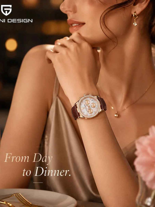 Ceas Dama 36mm Cronograf Cu Baterie Cu Curea Din Piele Rose Gold/Maro