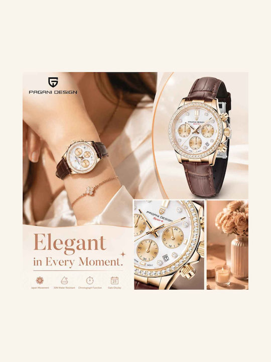 Ceas Dama 36mm Cronograf Cu Baterie Cu Curea Din Piele Rose Gold/Maro