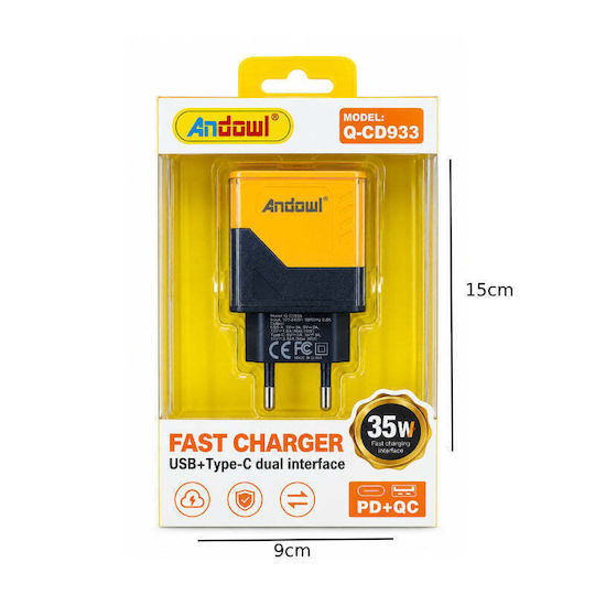 Andowl Φορτιστής Χωρίς Καλώδιο με Θύρα USB-A και Θύρα USB-C 35W Power Delivery Μαύρος (Q-CD933)