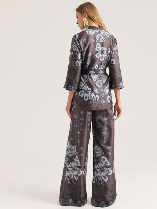 Damen Bluse mit 3/4 Ärmel V-Ausschnitt Grau