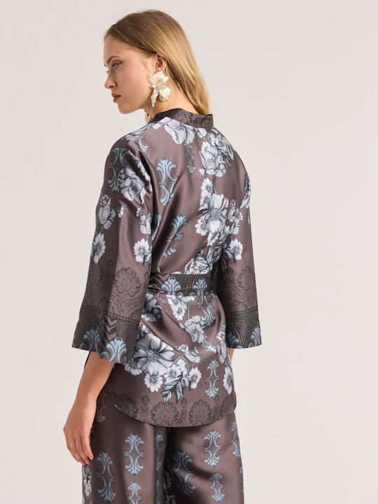Damen Bluse mit 3/4 Ärmel V-Ausschnitt Grau
