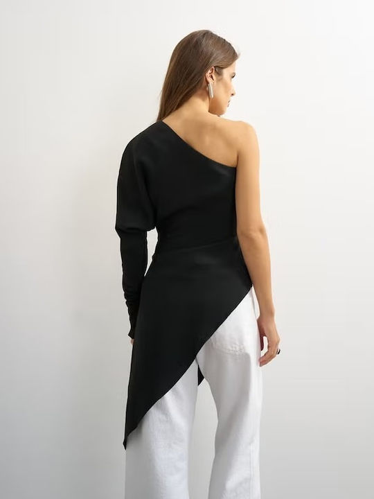Damen Bluse mit einem Schulter Karierter Schwarze