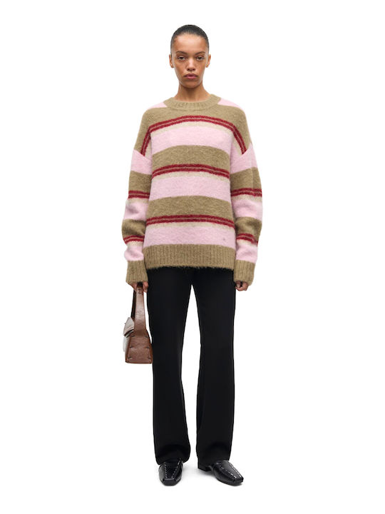 Women's Woolen Striped Red-Beige-Pink Sweater