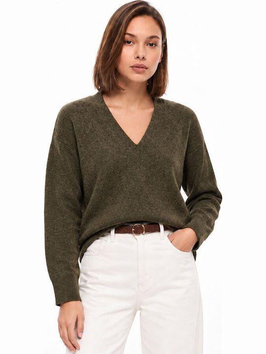 Damenbluse Langärmelig mit V-Ausschnitt Khaki