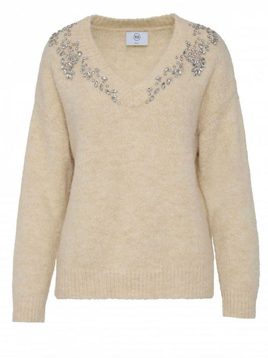 Women's Long Sleeve Sweater with V-Neck Ivory