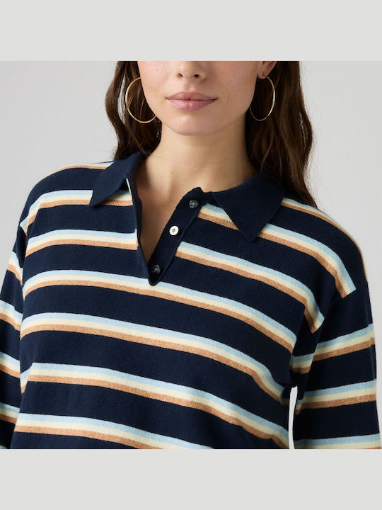 Damenpullover aus Baumwolle mit langen Ärmeln, gestreift, Marineblau