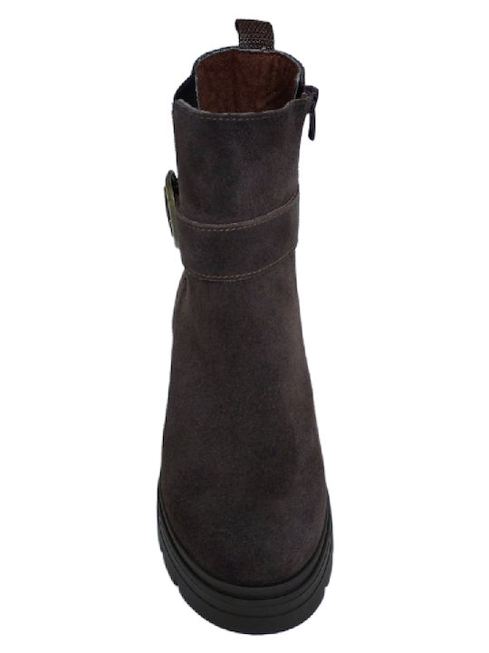 Damen Leder-Kampfstiefel mit Mittelhohem Absatz Braun