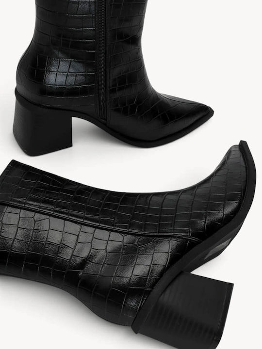 Ghete Dama Croco Negru Cu Vârf Ascuțit Și Toc Geometric