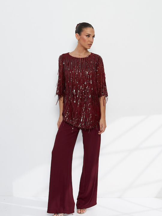 Women's Burgundy Set with Trousers with Sequins F2913_012