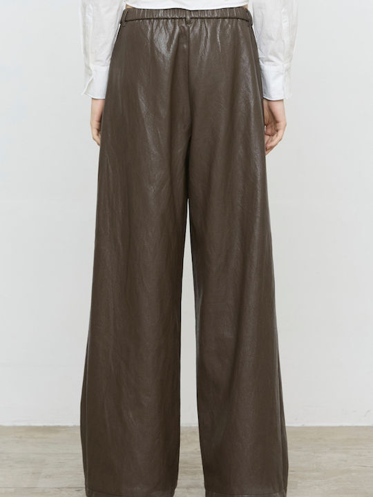 Women's Leather Pantaloons with Rubber Band in Loose Fit Brown