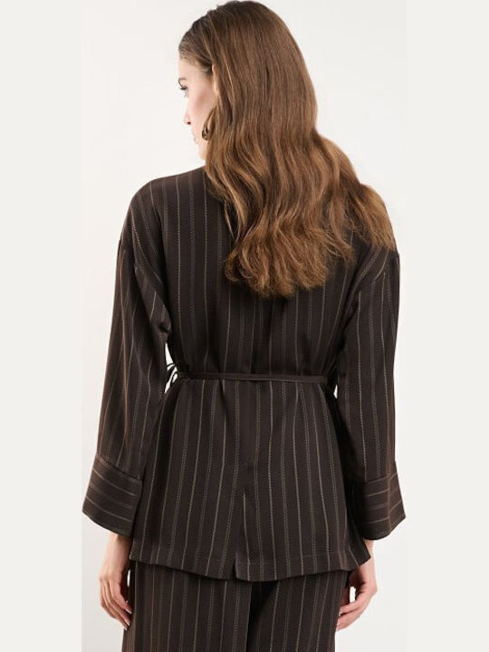 Women's Brown Set with High Rise Trousers Striped